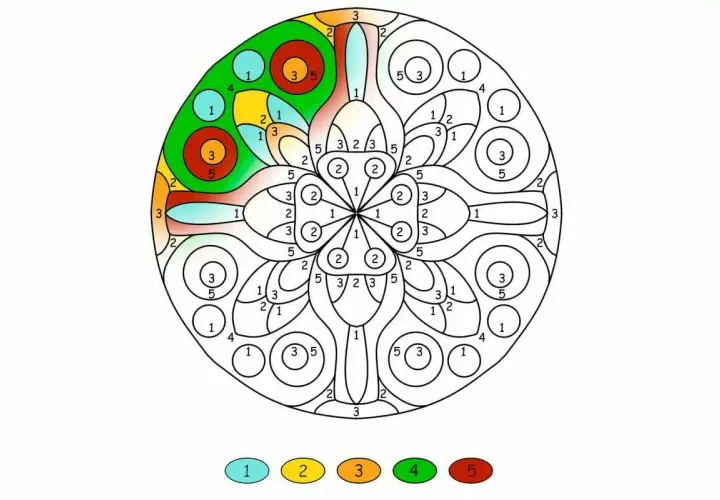 Kolorowanka mandala z numerami i legendą kolorów.