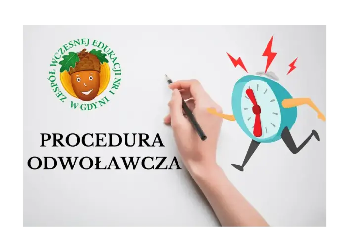 Ręka pisze ołówkiem tekst "PROCEDURA ODWOŁAWCZA" obok biegnącego, zdenerwowanego budzika.