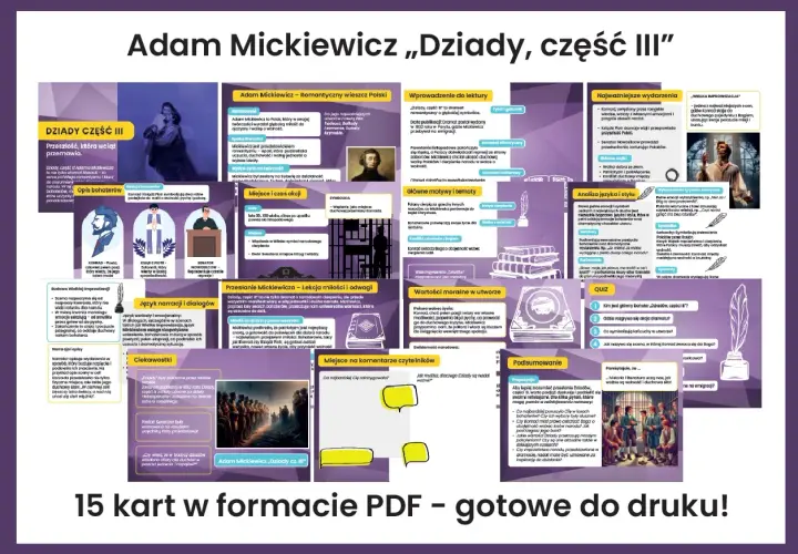 Grafika z tekstem "Adam Mickiewicz „Dziady, część III”" i elementami wizualnymi nawiązującymi do dramatu.