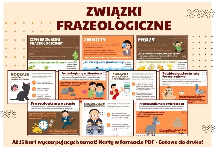 Ilustracja przedstawia kolaż z grafikami i tekstem na temat związków frazeologicznych.