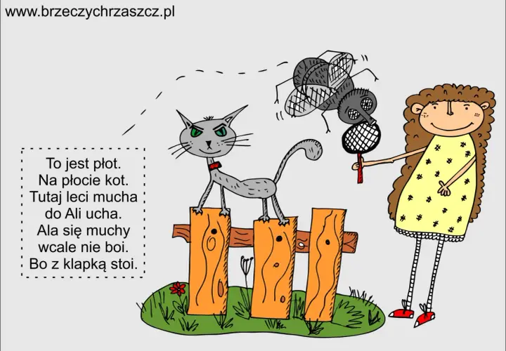 Kot na płocie, mucha i dziewczynka z packą na muchy.