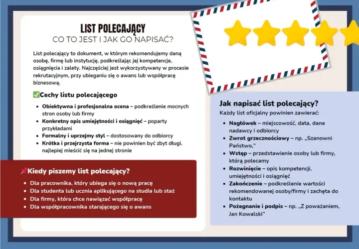 Ilustracja przedstawia fragment dokumentu z nagłówkiem "List polecający" oraz ikonę trzech gwiazdek.