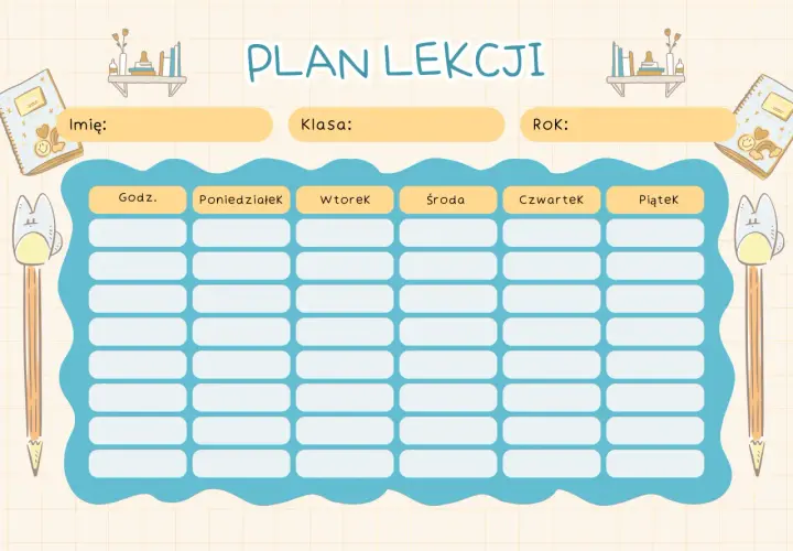 Ilustracja pustego planu lekcji z polami na imię, klasę, rok oraz dni tygodnia od poniedziałku do piątku.