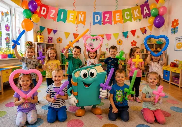 Dzieci z balonami w kształcie mieczy i serc, z maskotką książki, na tle dekoracji "Dzień Dziecka".