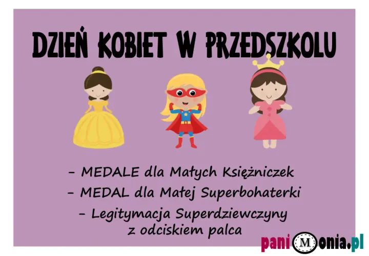 Ilustracja z trzema dziewczynkami: księżniczką, superbohaterką i królewną, z tekstem o Dniu Kobiet.