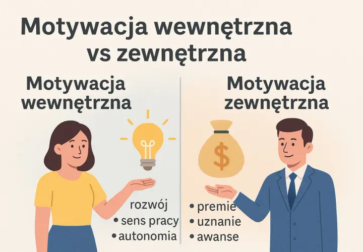 Ilustracja porównująca motywację wewnętrzną (kobieta, żarówka, rozwój) i zewnętrzną (mężczyzna, worek pieniędzy, premie).
