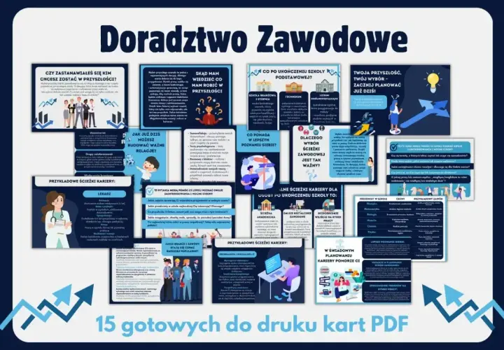 Ilustracja przedstawia kolaż grafik i tekstu na temat doradztwa zawodowego.