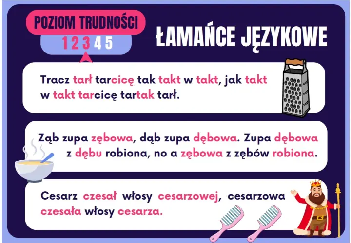 Ilustracja z łamańcami językowymi: tarka, miska zupy, król i grzebienie.