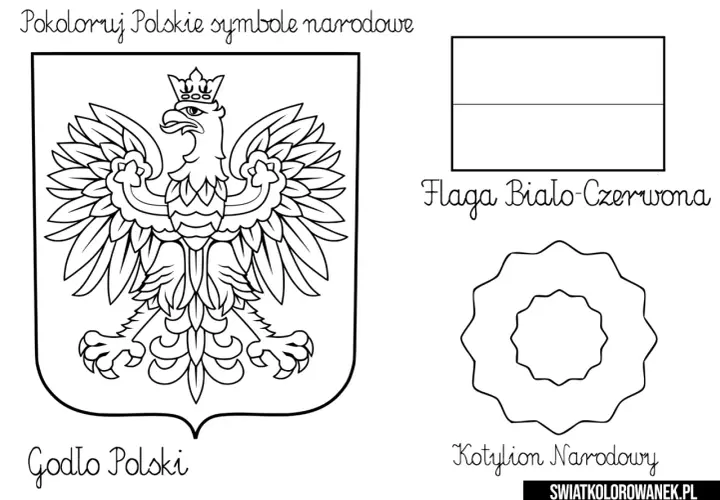 Ilustracja z godłem Polski, flagą biało-czerwoną i kotylionem narodowym do kolorowania.