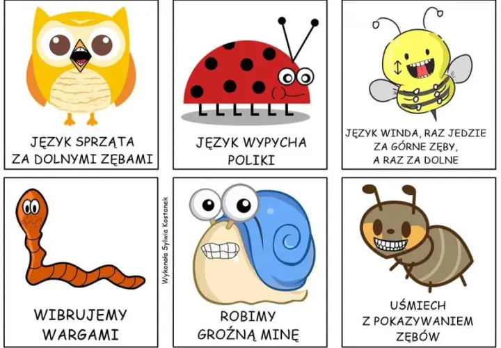 Zestaw kart do ćwiczeń logopedycznych: sowa czyści zęby, biedronka wypycha policzki, pszczoła jeździ językiem, dżdżownica wibruje wargami, ślimak robi groźną minę, mrówka uśmiecha się z zębami.