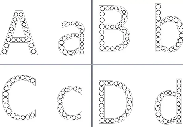 Litery A, a, B, b, C, c, D, d obrysowane kółkami.