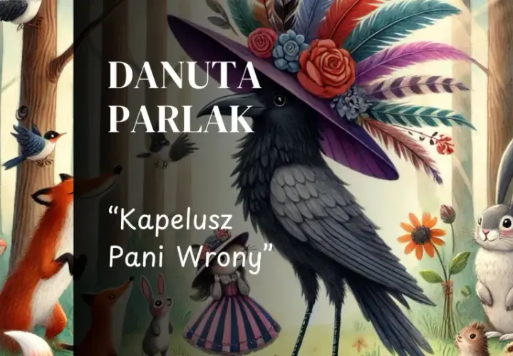 Ilustracja leśna z wroną w ozdobnym kapeluszu, lisem, królikiem, grzybami i ptakami.
