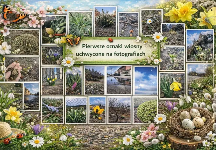 Kolaż zdjęć z pierwszymi oznakami wiosny: kwiaty, motyle, pisanki, bazie.