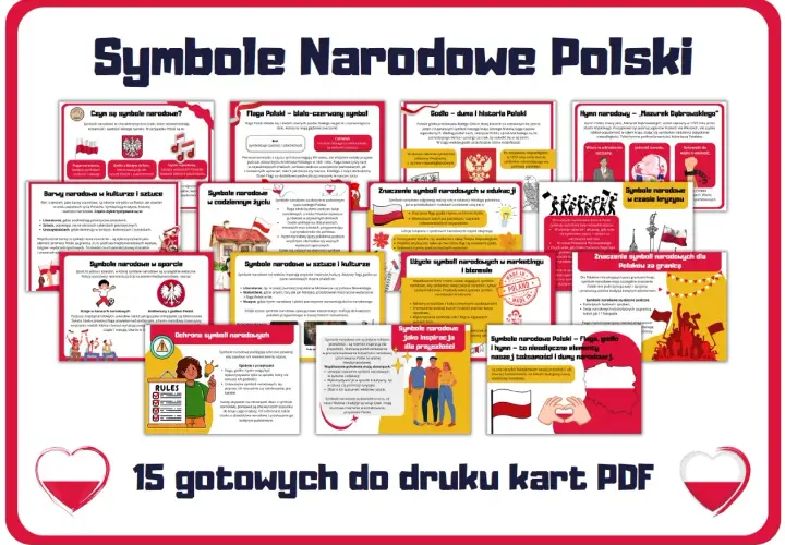 Plakat z polskimi symbolami narodowymi: flagą, godłem, hymnem i innymi.