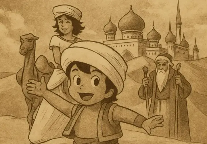 Ilustracja w stylu retro przedstawiająca Sindbada, wielbłąda, kobietę i starca na tle orientalnych budowli.