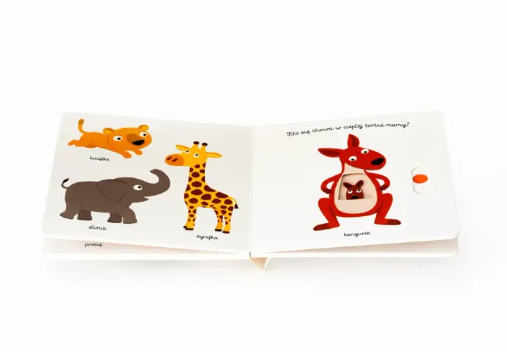 Ilustracje zwierząt: lew, słoń, żyrafa i kangurzyca z dzieckiem w torbie.