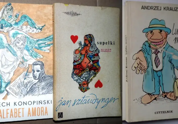 Okładki trzech książek: "Alfabet Amora", "Supelki" Jana Sztaudyngera i "Lubta mnie!" Andrzeja Krauzego.