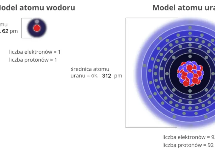 Porównanie modeli atomów wodoru i uranu, z zaznaczeniem ich budowy i rozmiarów.