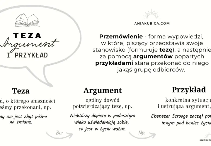 Grafika przedstawia schemat wypowiedzi argumentacyjnej: teza, argument, przykład.