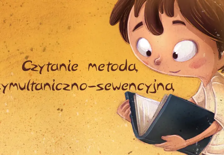 Ilustracja dziecka czytającego książkę, z tekstem "Czytanie metoda, symultaniczno-sekwencyjna".