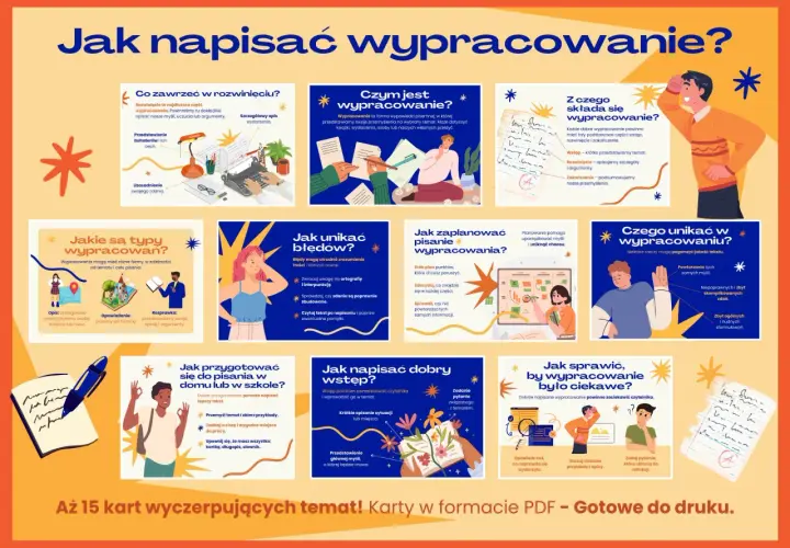 Ilustracja z nagłówkiem "Jak napisać wypracowanie?", przedstawiająca schematy i grafiki dotyczące pisania wypracowań.