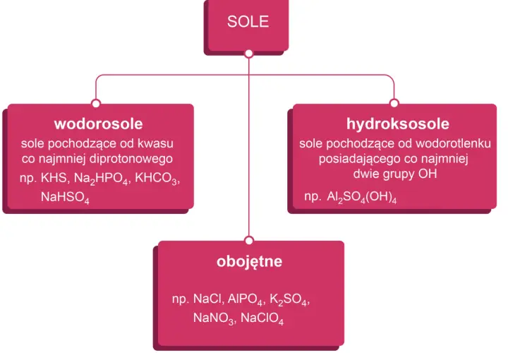 Schemat klasyfikacji soli: wodorosole, hydroksosole, obojętne.