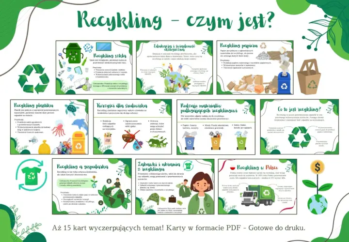 Ilustracja przedstawia różne rodzaje recyklingu, materiały do recyklingu i korzyści z niego płynące.