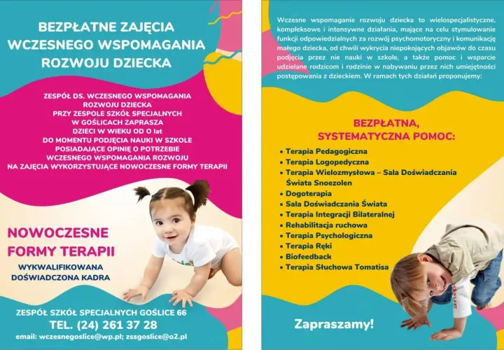 Dwoje dzieci, jedno raczkujące, drugie bawiące się na podłodze, na tle kolorowych plakatów o terapii.
