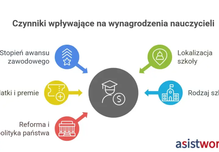 Schemat przedstawiający czynniki wpływające na wynagrodzenia nauczycieli: awans, lokalizacja, dodatki, rodzaj szkoły, reforma.