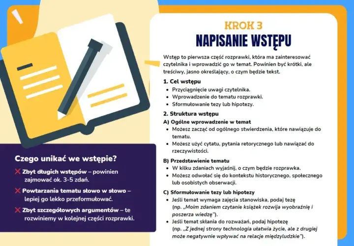 Otwarta książka z ołówkiem, ilustracja do poradnika o pisaniu wstępów do rozprawki.