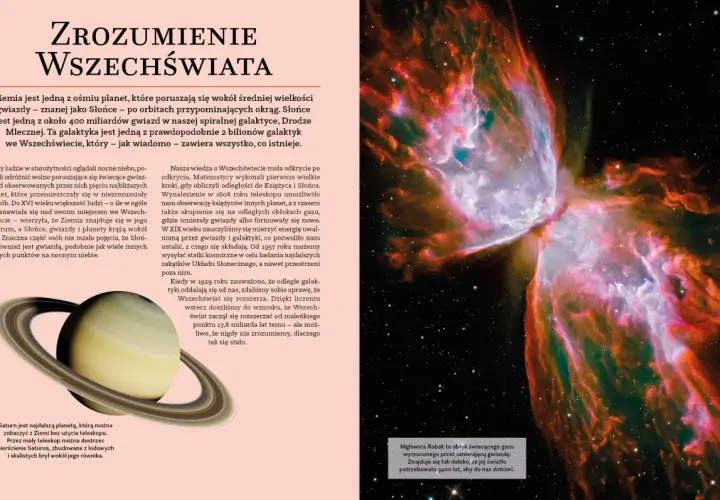 Kolorowa mgławica kosmiczna i pierścienie Saturna na tle gwiazd.