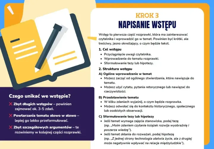 Jak napisać rozprawkę: krok 3 – pisanie wstępu. Wskazówki, jak zaciekawić czytelnika, wprowadzić w temat i sformułować tezę.