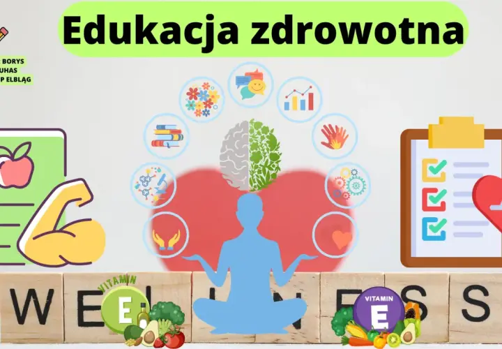 Ilustracja z ikonami zdrowia, mózgu, serca, ćwiczeń i zdrowej żywności.
