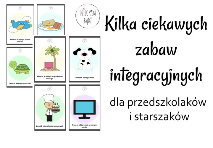 Ilustracje z samolotem, jedzeniem, żółwiem, palmą, psem, kucharzem i telewizorem.