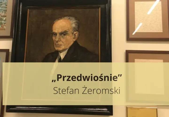 Portret Stefana Żeromskiego na tle oprawionych dokumentów i obrazów.