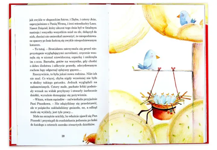 Ilustracja przedstawia ptaszka siedzącego na gałęzi nad gniazdem z pisklętami.