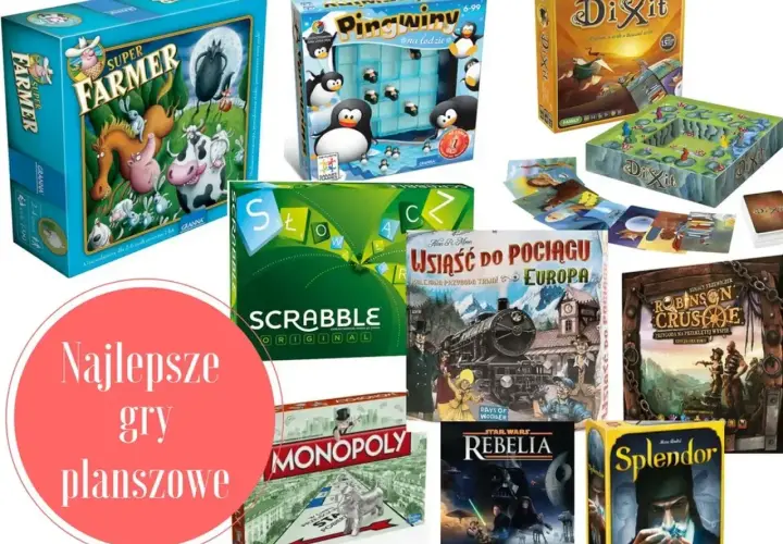 Kolaż pudełek z grami planszowymi dla dzieci: Super Farmer, Pingwiny na lodzie, Dixit, Scrabble, Wsiąść do pociągu, Robinson Crusoe, Rebelia, Splendor, Monopoly.