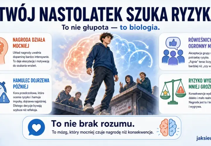 Nastolatek na dachu z przyjaciółmi, otoczony ikonami mózgu, nagrody i ryzyka.