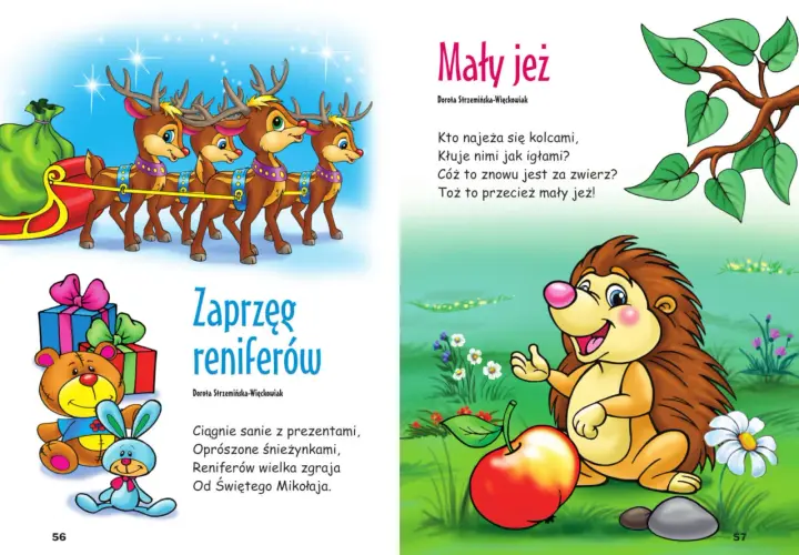 Ilustracja z reniferami ciągnącymi sanie z prezentami i małym jeżem z jabłkiem.