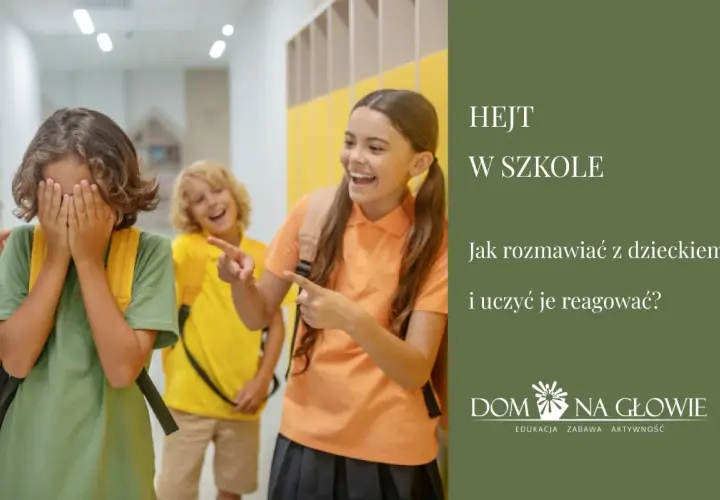 Dziecko zakrywa twarz, podczas gdy inne śmieją się i wskazują palcami. Obraz symbolizuje hejt w szkole i potrzebę rozmowy z dziećmi o tym, jak reagować.