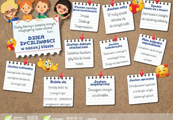 Ilustracja przedstawia tablicę z karteczkami o Dniu Życzliwości, na których widnieją rysunki dzieci i emotikony.