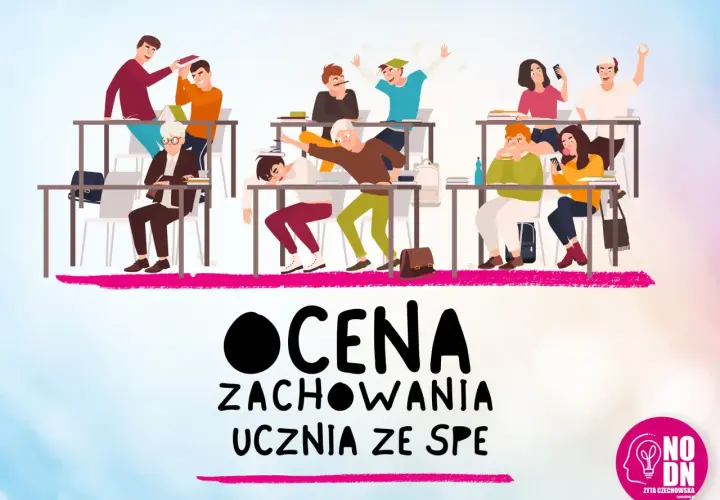Ilustracja przedstawia klasę z uczniami zachowującymi się różnie: jedni się uczą, inni bawią lub jedzą.