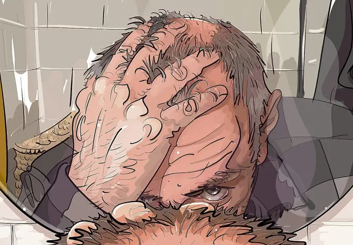 Ilustracja mężczyzny zakrywającego twarz dłońmi, z widocznym zmartwieniem na twarzy.