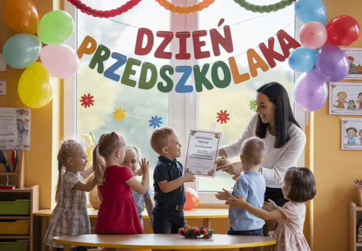 Nauczycielka wręcza dyplom grupie przedszkolaków na tle kolorowych balonów i napisu "Dzień Przedszkolaka".