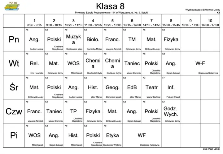 Plan lekcji klasy 8 z podziałem na dni tygodnia i godziny.