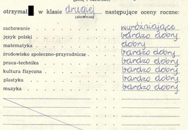 Fragment świadectwa szkolnego z listą przedmiotów i ocenami rocznymi, m.in. "bardzo dobry".