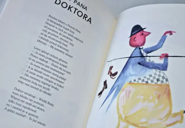 Ilustracja z wierszem o butach i postacią w kapeluszu niosącą je na kiju.