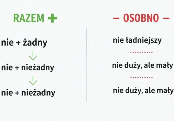 Grafika z podziałem na "RAZEM" i "OSOBNO", pokazująca przykłady pisowni "nie" z przymiotnikami.