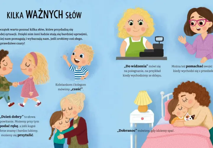 Ilustracja przedstawia dzieci uczące się dobrych manier: witające się, żegnające, przytulające się i mówiące dobranoc.