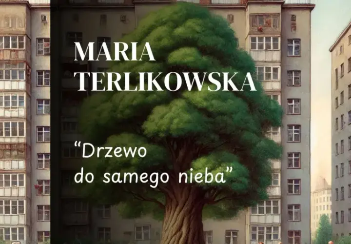 Duże, zielone drzewo wyrasta między blokami mieszkalnymi.